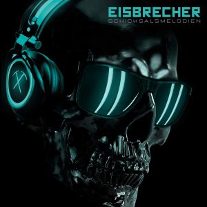 Capa do álbum Schicksalsmelodien da banda Eisbrecher lançado em 2020: um crânio usando óculos escuros e fones de ouvidos. Na lateral do fone, o símbolo da banda: dois piolets cruzados.