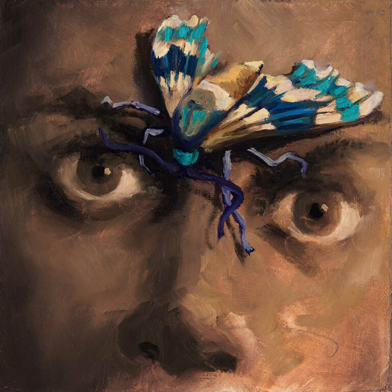 Capa do album do Beaststeaks, in the presence of. Na capa é possível ver um rosto, com humano e uma borboleta colorida pousada nesse mesmo rosto.