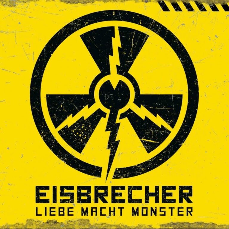 Capa do novo album do Eisbrecher, Liebe Macht Monster. A capa amarela conta com um símbolo de radioatividade, o nome da banda e o nome do álbum em cor preta.